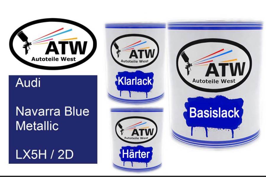 Audi, Navarra Blue Metallic, LX5H / 2D: 1L Lackdose + 1L Klarlack + 500ml Härter - Set, von ATW Autoteile West.